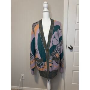 FREE PEOPLE NWT Size Small Cardigan Chunky Knit Sweater Purple Floral Print
